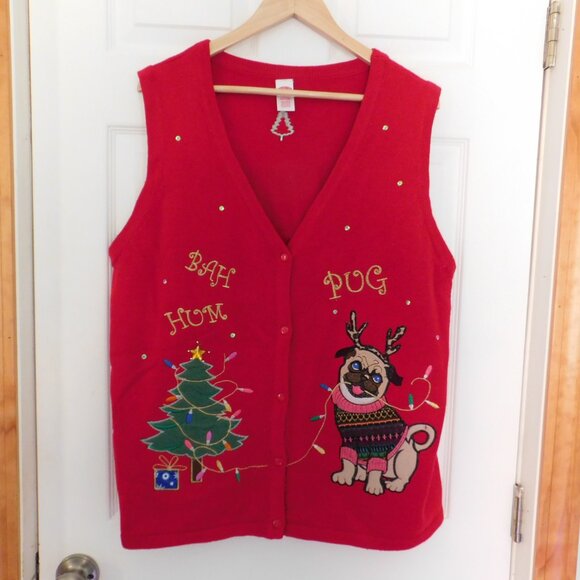 Bah Hum Pug Red Christmas Ugly Sweater Vest XXL 20 Dog Lights Sequins Button Up - Picture 1 of 7
